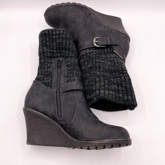 MUK LUKS WOMENS GEORGIA Knit Distressed Wedge BUCKLE STRAP ANKLE BOOTS Size 7 - Picture 9 of 11